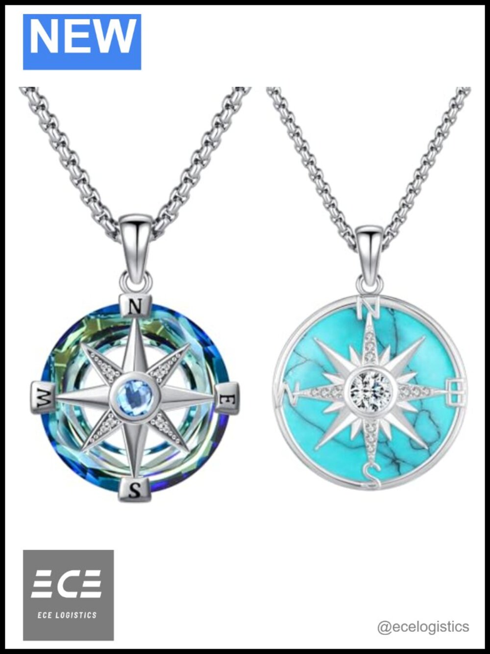 Sterling Silver 925 Compass Necklace Pendant for Women Men Travel Gift